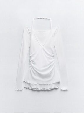 White Long-Sleeve Ruched Halter Neck Top